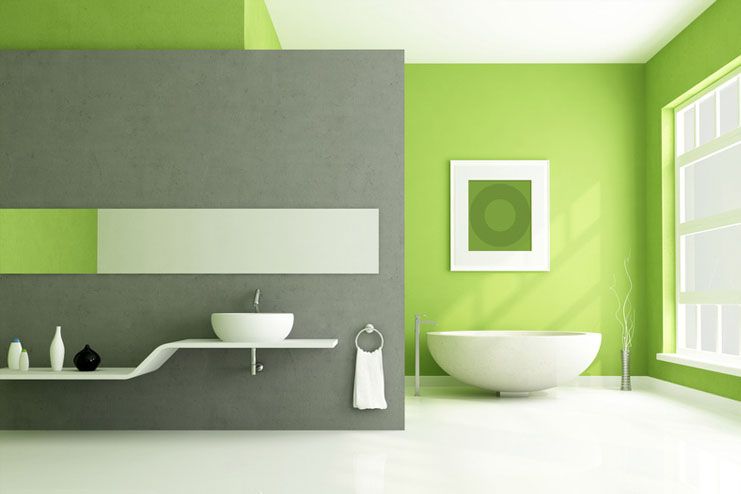 Todas las paredes de este baño han sido pintadas en un moderno verde muy luminoso, en pintura esmalte al agua mate 100// lavable